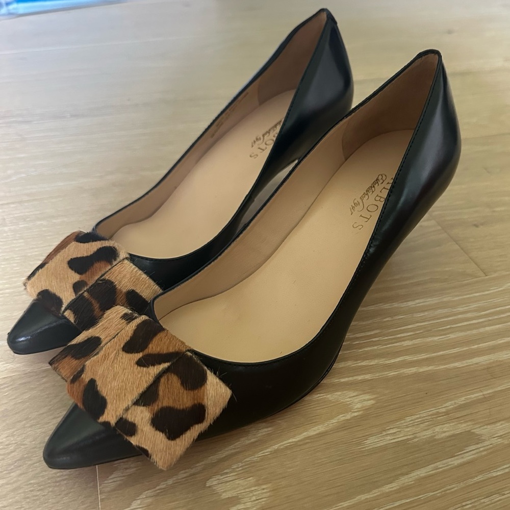 Talbots Black Leather Pointed-Toe Heels with Leopard Print Bow